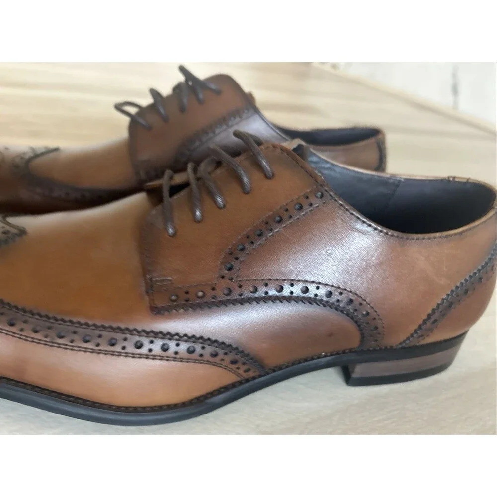 Jousen Men’s Wingtip Brogue Oxford Dress Shoes Brown Leather Size 13 Cognac